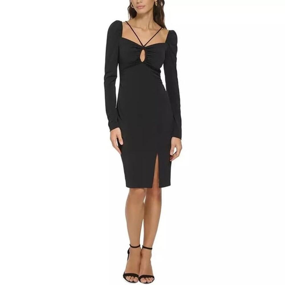 GUESS Black Cut Out Keyhole Knee Length Sheath Long Sleeve Midi Dress Women’s 14